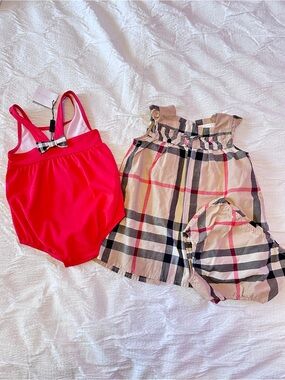 Burberry Hot Pink Swimsuit and Signature Beige Plaid Dress Set bundle